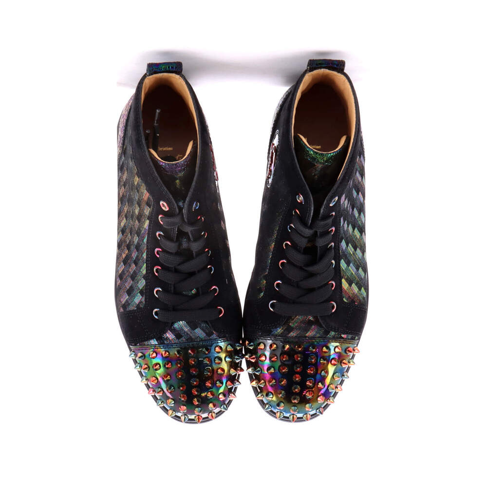 Christian Louboutin Women's Lou Spikes Flat High-Top Sneakers Fabric and Leather - Picture 2 of 5